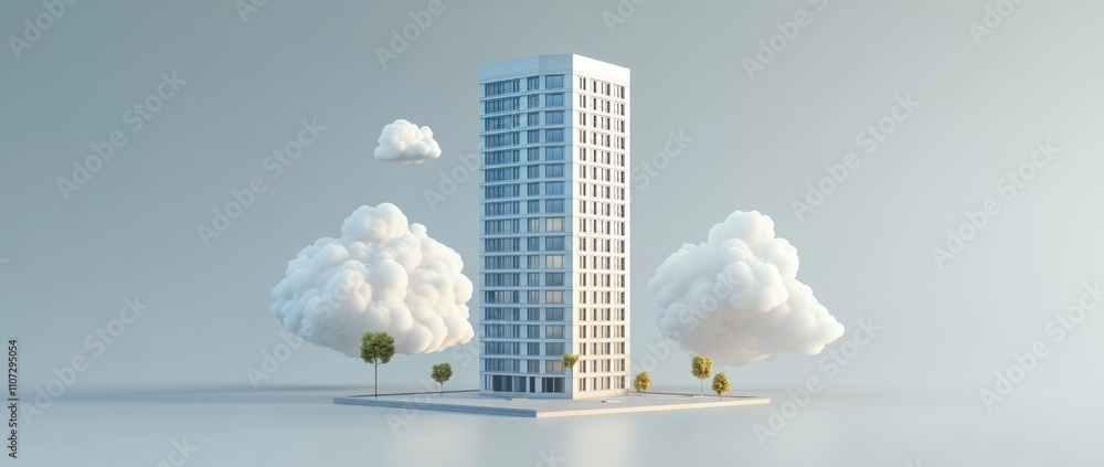 Poster a modern building surrounded by stylized clouds and trees in a minimalist setting.