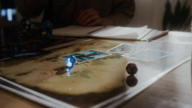 Closeup slowmo of unrecognizable woman playing fantasy board game, throwing dice on map