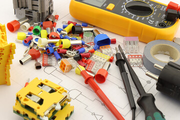 Electrical installation tools and materials for the assembly of electrical equipment. Soft focus....