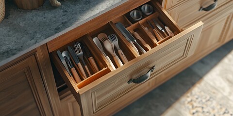 A wooden kitchen drawer filled with various utensils and cutlery for cooking and dining.