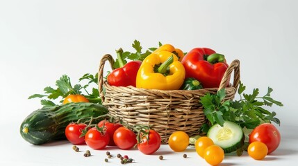 A vibrant assortment of fresh vegetables, including bell peppers, cucumbers, and tomatoes, arranged in a rustic basket on a clean surface.