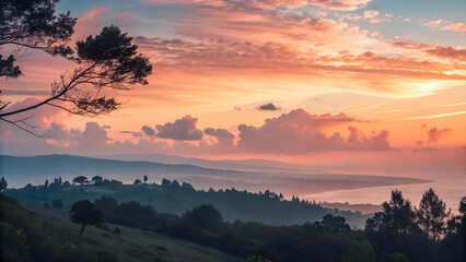 Obraz premium Stunning sunset landscape with a tranquil mood and dramatic sky over rolling hills