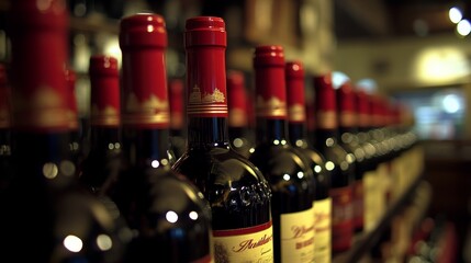Wine Retail: A Display of Fine Wines.Concept of Wine culture, wine tasting, wine connoisseurship, gourmet food, fine dining, Wine production, wine distribution, wine retail, restaurant and hospitality