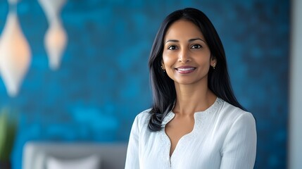 Portrait of young Indian woman dressed in white over blue room