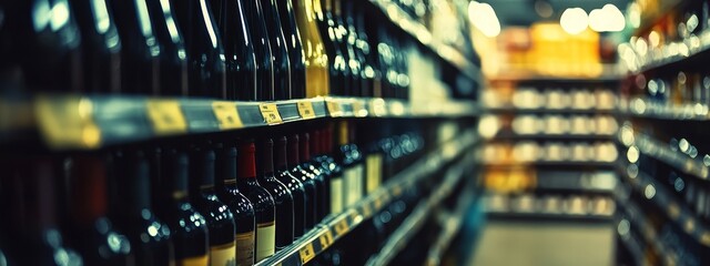Wine Retail: A Display of Fine Wines.Concept of Wine culture, wine tasting, wine connoisseurship, gourmet food, fine dining, Wine production, wine distribution, wine retail, restaurant and hospitality