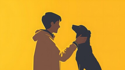 Boy petting dog and smiling in a yellow jacket on a yellow background