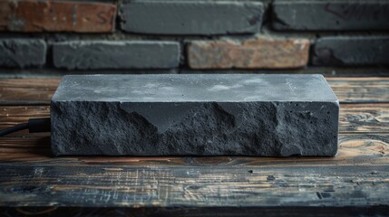 A textured, rectangular stone object on a wooden surface, possibly a decorative or functional piece.