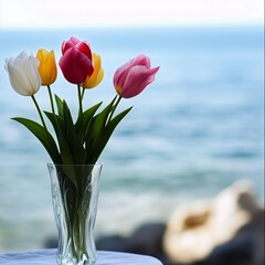 Elegant tulip vase by the sea, serene mood, soft colors, beach view, copy space
