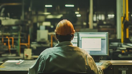 Industrial worker with helmet, checking the production line. Representation of productivity and technological progress in factories.