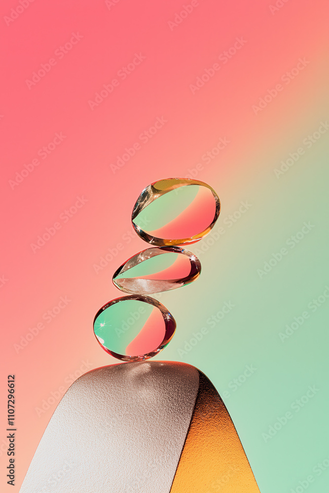 Poster vibrant abstract composition: balancing colorful crystals in minimalist design with gradient backgro
