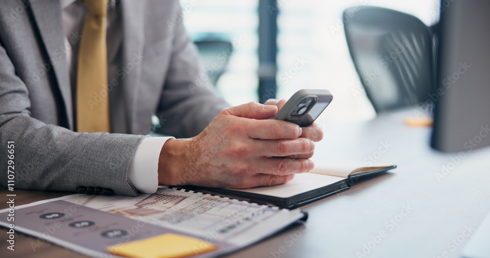 Poster cellphone, hands and businessman in office with report for email with client communication. document