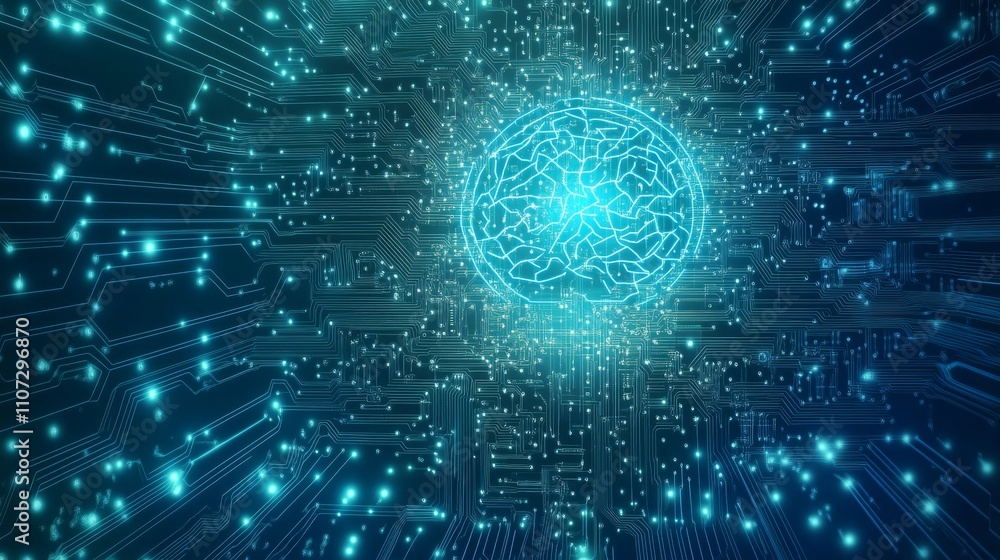 Aufkleber brightly glowing ai chip on light circuit board on technology blue background. cpu processor or semi