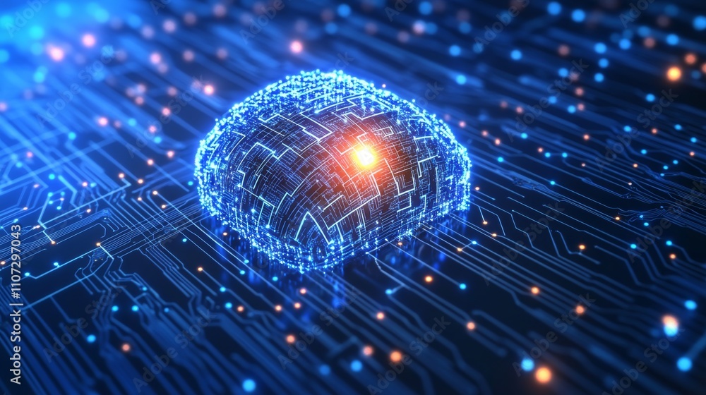 Aufkleber brightly glowing ai chip on light circuit board on technology blue background. cpu processor or semi
