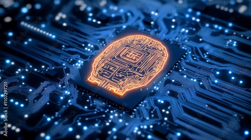Aufkleber brightly glowing ai chip on light circuit board on technology blue background. cpu processor or semi