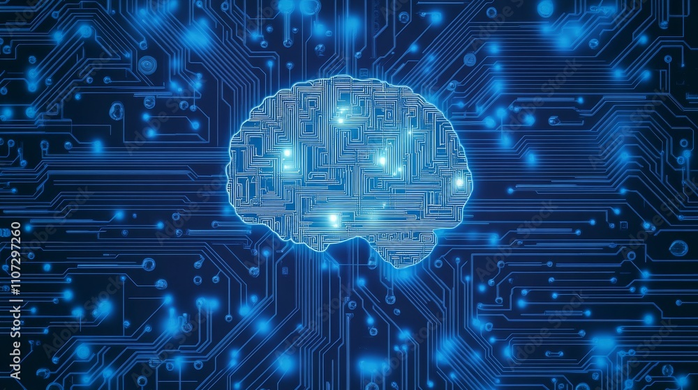 Aufkleber brightly glowing ai chip on light circuit board on technology blue background. cpu processor or semi