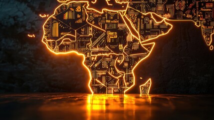 A glowing map of Africa, intricately designed with circuit patterns, symbolizing technology and innovation on a dark background.
