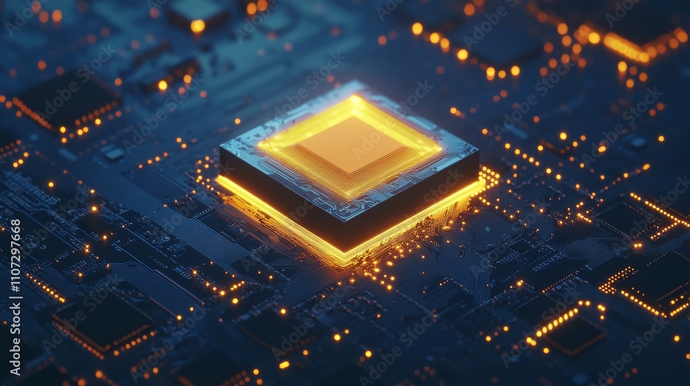 Aufkleber brightly glowing ai chip on light circuit board on technology blue background. cpu processor or semi