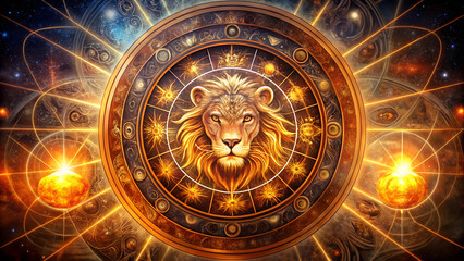Obraz premium Majestic lion surrounded by astrological symbols, vibrant cosmic artwork representing zodiac sign Leo
