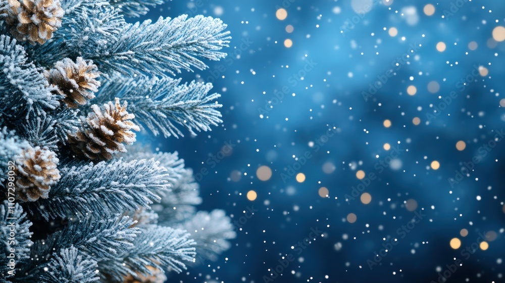 Poster snowy pine branch with bokeh lights.