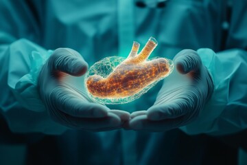 Medical professional showcasing a glowing holographic pancreas in hands, representing advanced diagnostics in gastroenterology, futuristic healthcare innovation, glowing interface, copy space, selecti