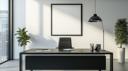 White frame with nothing inside, hanging above a sleek modern office desk