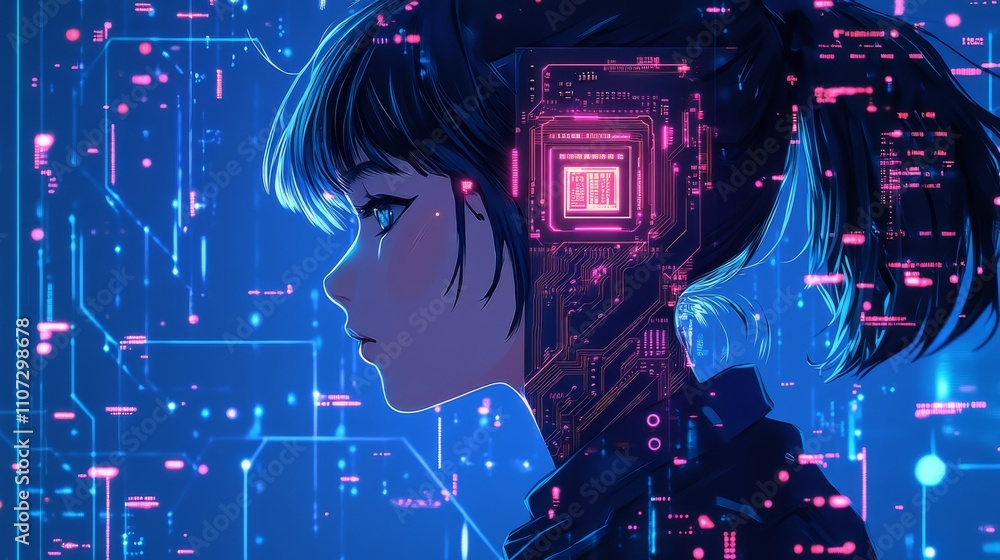 Aufkleber brightly glowing ai chip on light circuit board on technology blue background. cpu processor or semi