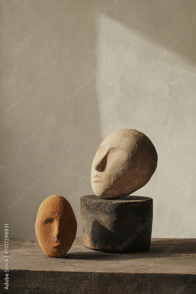 Poster minimalist clay sculptures capturing depth and emotion through shadows and texture in natural light