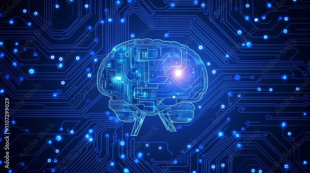 Aufkleber brightly glowing ai chip on light circuit board on technology blue background. cpu processor or semi