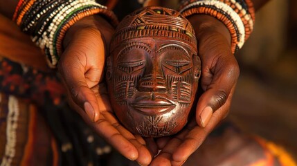 Obraz premium A traditional wooden mask held delicately in hands, showcasing intricate carvings and cultural significance.