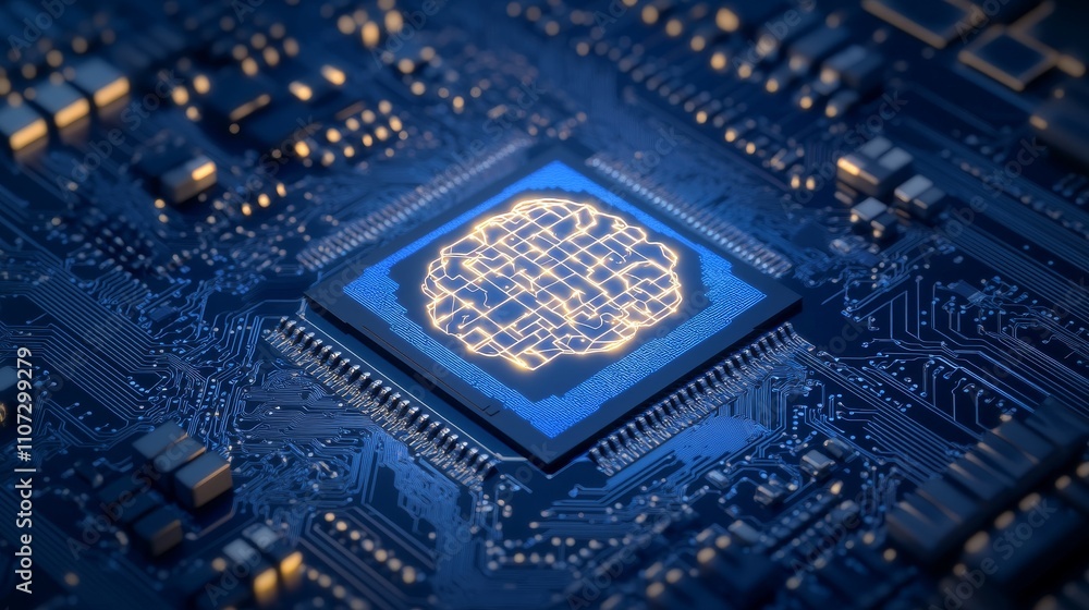 Aufkleber brightly glowing ai chip on light circuit board on technology blue background. cpu processor or semi