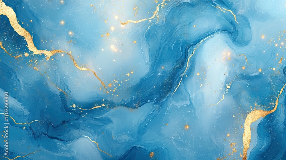 Poster abstract blue and gold marbled texture with shimmering effects and flowing patterns.