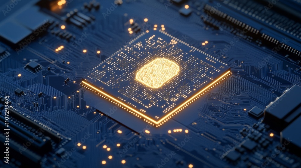 Aufkleber brightly glowing ai chip on light circuit board on technology blue background. cpu processor or semi