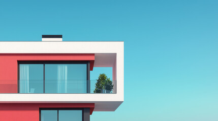 Modern house with sleek design and balcony overlooking blue sky