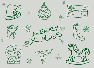 Christmas hand drawn whimsical line art element for party Invitations, card and more. Doodle icons, Vector Illustrations