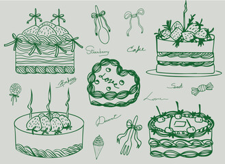 Set of cake hand drawn whimsical line art element for  wedding,christmas,birthday, Invitations, card and more. Doodle icons, Vector Illustrations
