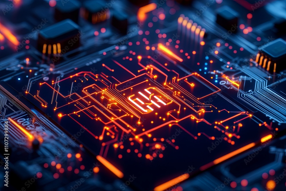 Poster close-up view of intricate circuit board with glowing components and vibrant patterns in a high-tech