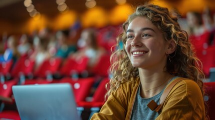 Obraz premium Smiling woman in a university setting, focused on her laptop, demonstrating intellect and academic achievement