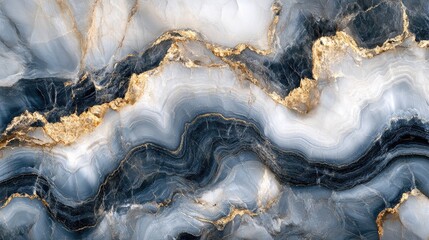 Abstract marble texture with flowing black, white, and gold veins creating a luxurious feel.