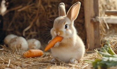 A cute rabbit munching on a carrot in a straw-filled setting.