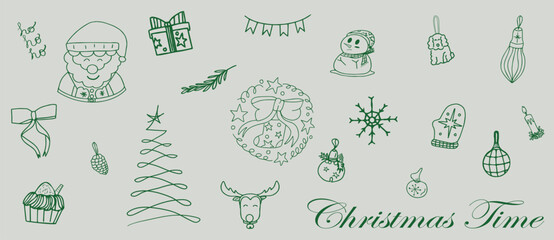 Christmas hand drawn whimsical line art element for party Invitations, card and more. Doodle icons, Vector Illustrations