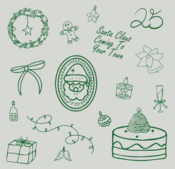 Christmas hand drawn whimsical line art element for party Invitations, card and more. Doodle icons, Vector Illustrations