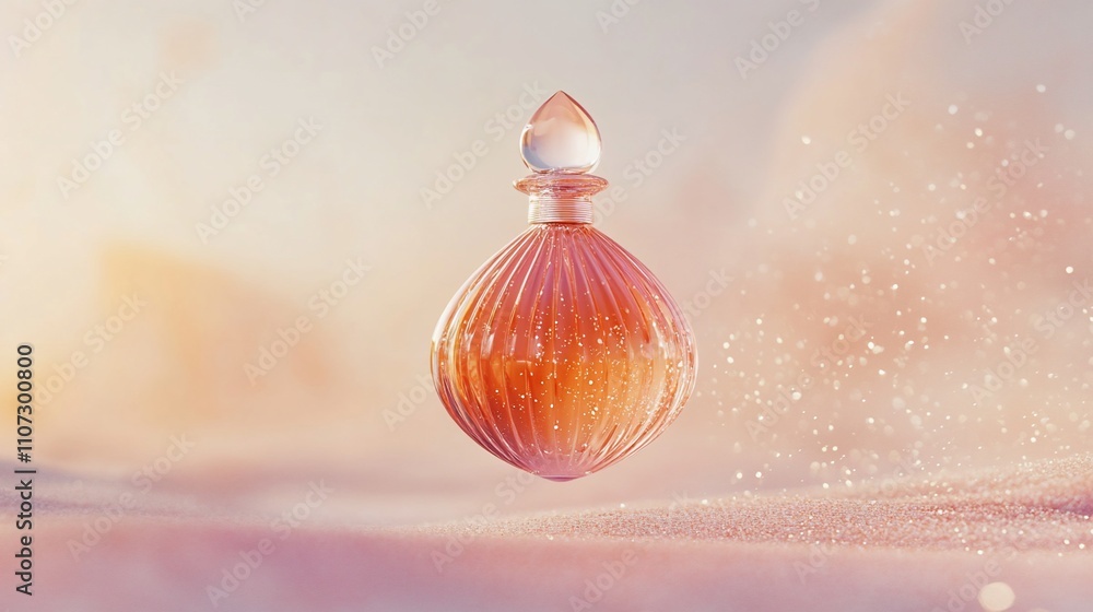 Poster a delicate perfume bottle floating in a dreamy, soft background.