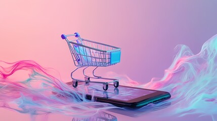 Creative Digital Shopping Concept with Miniature Cart on Smartphone Surrounded by Colorful Smoke and Vibrant Background Enhancing Online Retail Experience