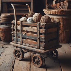 An old wooden trolley with faded paint and a metal frame