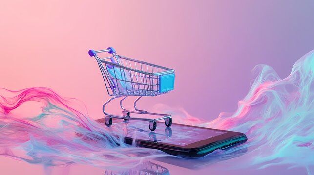 Creative Digital Shopping Concept with Miniature Cart on Smartphone Surrounded by Colorful Smoke and Vibrant Background Enhancing Online Retail Experience