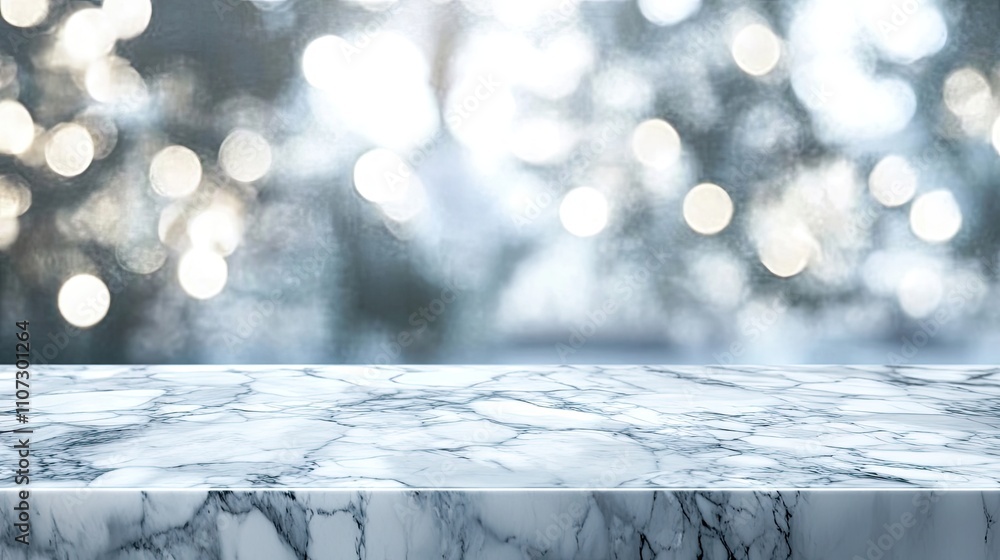 Poster elegant marble countertop with a blurred bokeh background in soft tones.