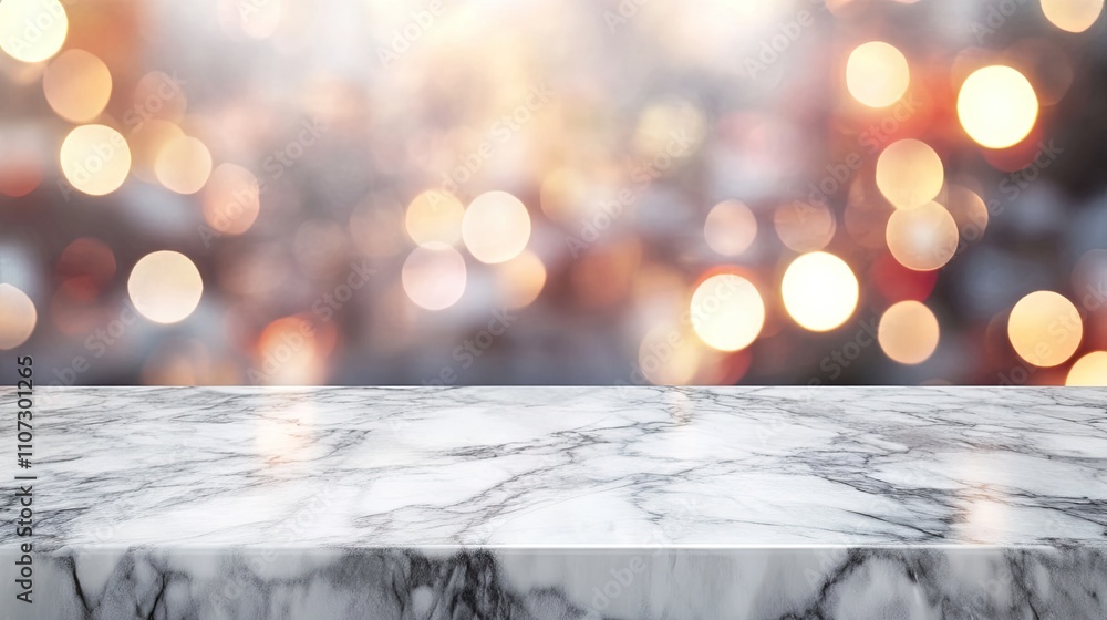 Poster marble countertop with a blurred bokeh light background, creating a festive and elegant atmosphere.
