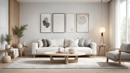 Interior of cozy living room with grey sofa and wood diffuser on coffee table