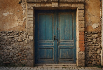 Historic blue wooden door on a stone wall in an ancient village