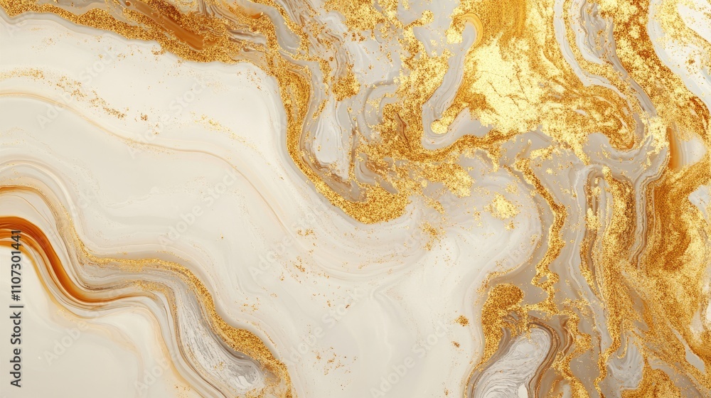 Poster abstract fluid art with gold and white swirling patterns creating a luxurious and elegant appearance